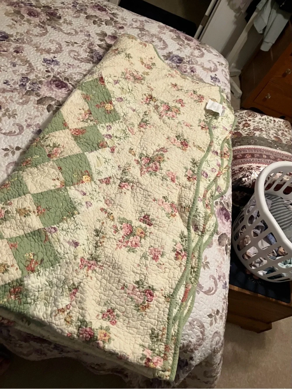 Vintage Floral Patchwork Quilted Throw - Cream & Green